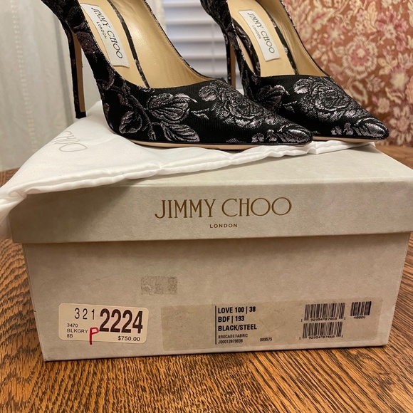 Worn once - Jimmy Choo Love 100 mm Heels Brocade in Black/Steel- Size 38 - Picture 2 of 10
